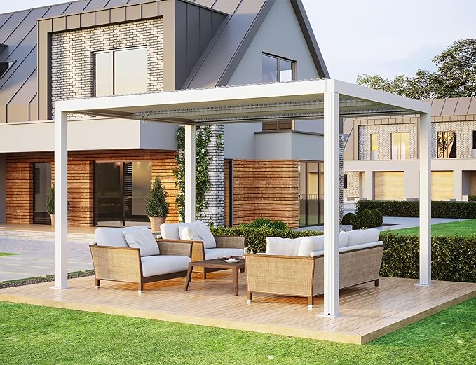 PURPLE LEAF Outdoor Louvered Pergola Aluminium Wit Pergola Patio Metal pergola met verstelbare Rainproof Hardtop Gazebo Modern voor Tuin Gazons Party