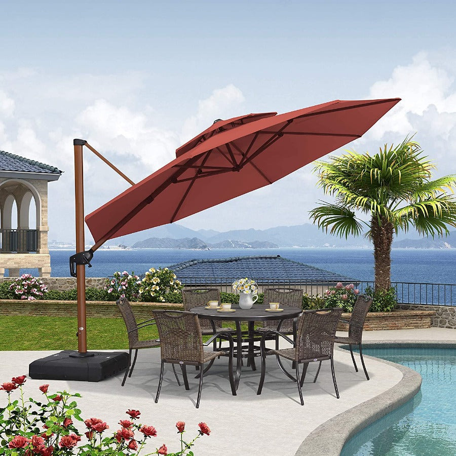 PURPLE LEAF Dubbele Top 330cm/365cm Ronde Aluminium Terrasparasol In Houtkleur