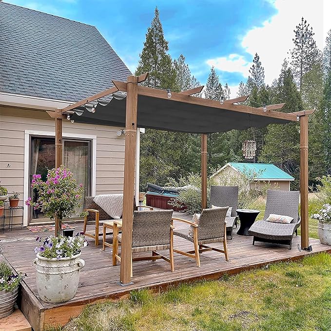 PURPLE LEAF Aluminium Pergola Tuinpergola Teak Afwerking, Intrekbaar Schuifscherm, Waterdicht Prieel, Barbecue Buiten, Tuinpaviljoen