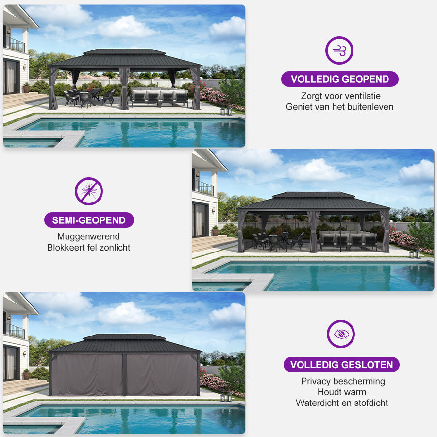 PURPLE LEAF Tuinpaviljoen Voor Achtertuin, Hardtop, Gegalvaniseerde Stalen Luifel, met Sfeerverlichting – Transparante Uitvoering