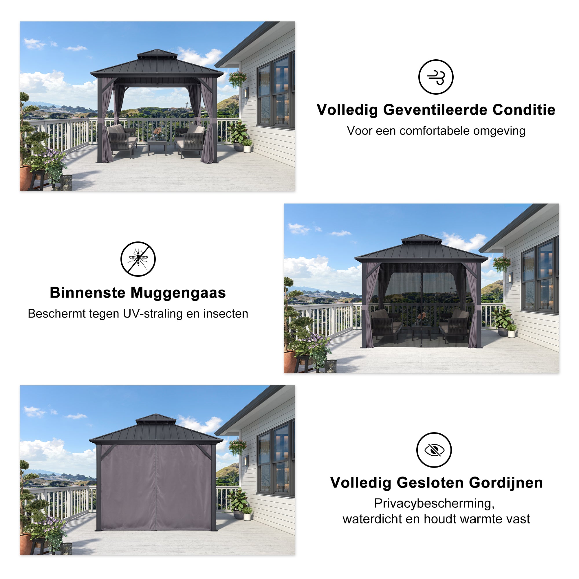 PURPLE LEAF Hardtop Tuinpaviljoen Essential met Warmwitte Verlichting, Gegalvaniseerd Stalen Dak, Aluminium Frame, Gordijnen en Klamboe – Grijs