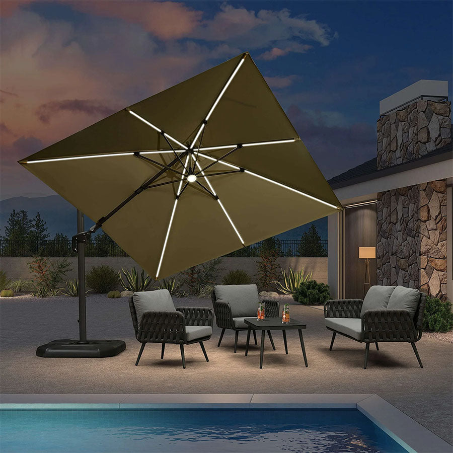 PURPLE LEAF Parasol LED Zweefparasol Vierkant 300x300 cm, Kantelbaar en 360° Draaibaar voor Terras en Zwembad