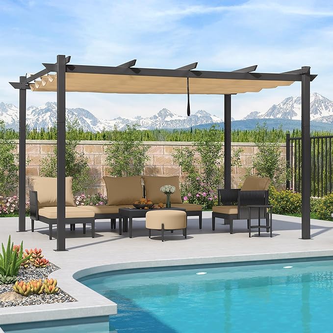 PURPLE LEAF Intrekbare aluminium buitenpergola met zonnescherm luifel, patio, achtertuin schuilplaats, metalen barbecue paviljoen-PRG