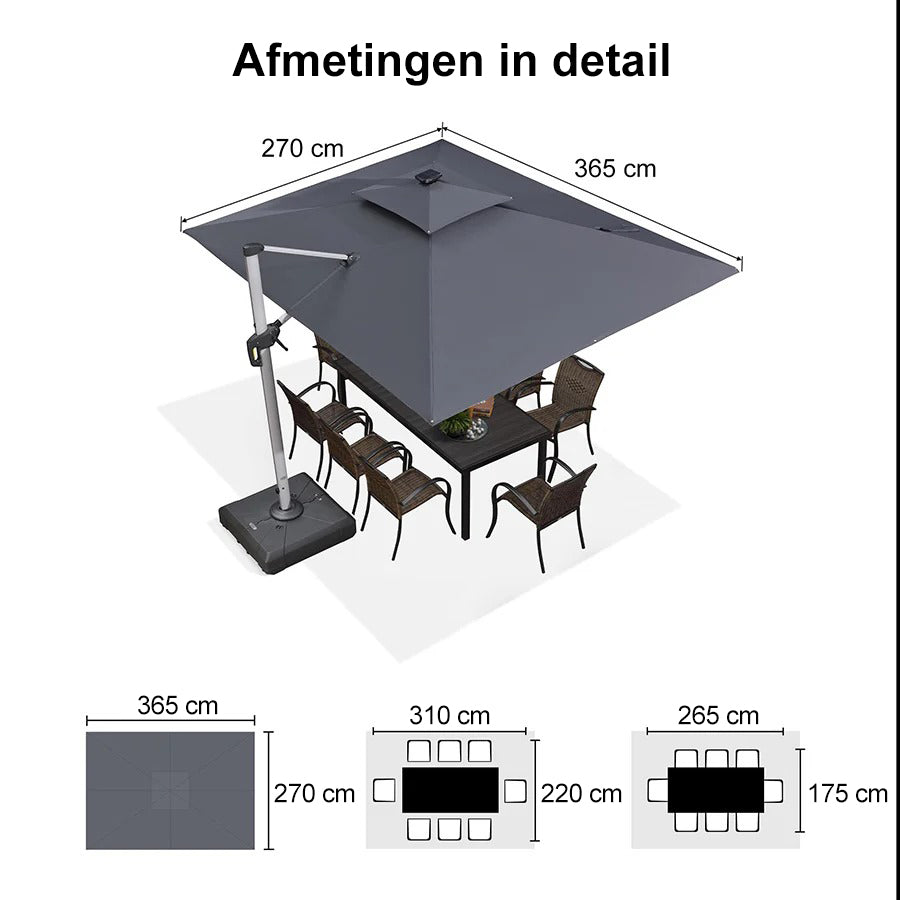 PURPLE LEAF Rechthoekige Dubbele Tuinparasol van Aluminium met LED en Slinger voor Balkon en Tuin