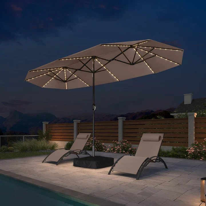 PURPLE LEAF Grote Parasol met 3 Kappen en LED-verlichting voor Tuin en Terras, inclusief Voet