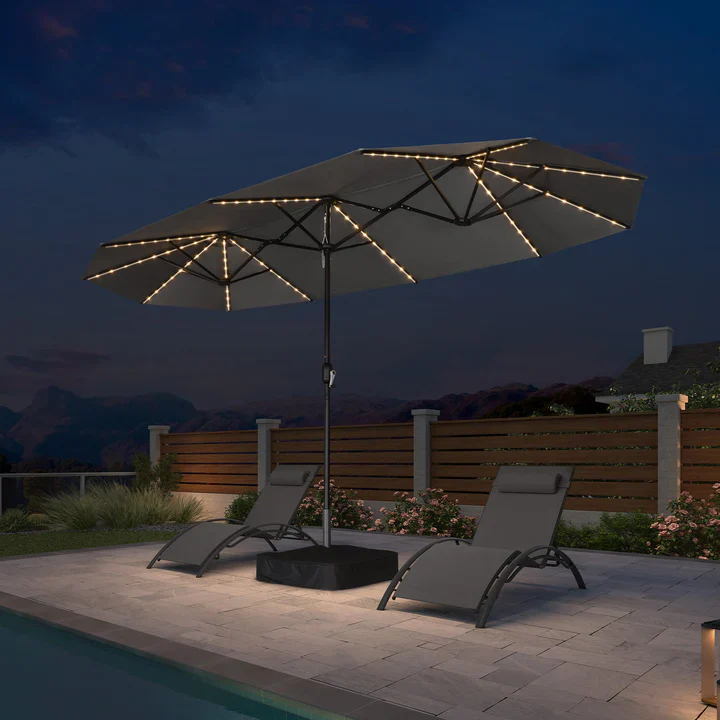 PURPLE LEAF Grote Parasol met 3 Kappen en LED-verlichting voor Tuin en Terras, inclusief Voet