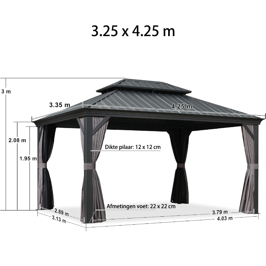PURPLE LEAF Tuinpaviljoen Voor Achtertuin Grijs Hardtop Gegalvaniseerd Stalen Dak Luifel met Upgrade Gordijn