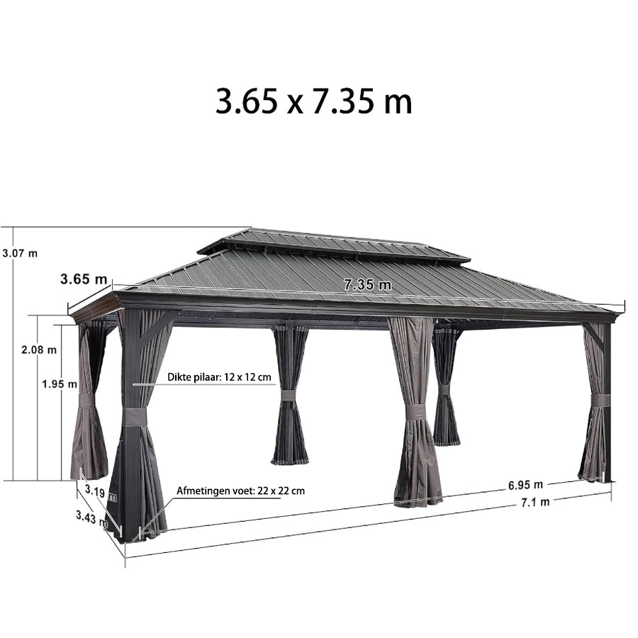 PURPLE LEAF Tuinpaviljoen Voor Achtertuin Grijs Hardtop Gegalvaniseerd Stalen Dak Luifel met Upgrade Gordijn
