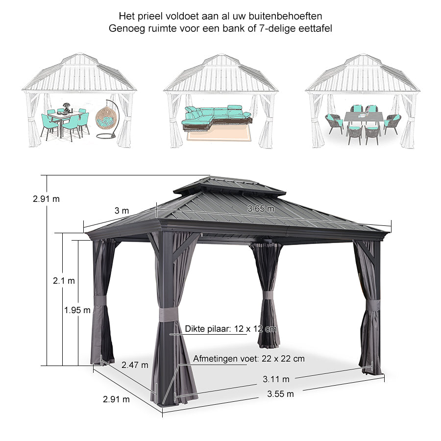 PURPLE LEAF Tuinpaviljoen Voor Achtertuin Grijs Hardtop Gegalvaniseerd Stalen Dak Luifel met Upgrade Gordijn