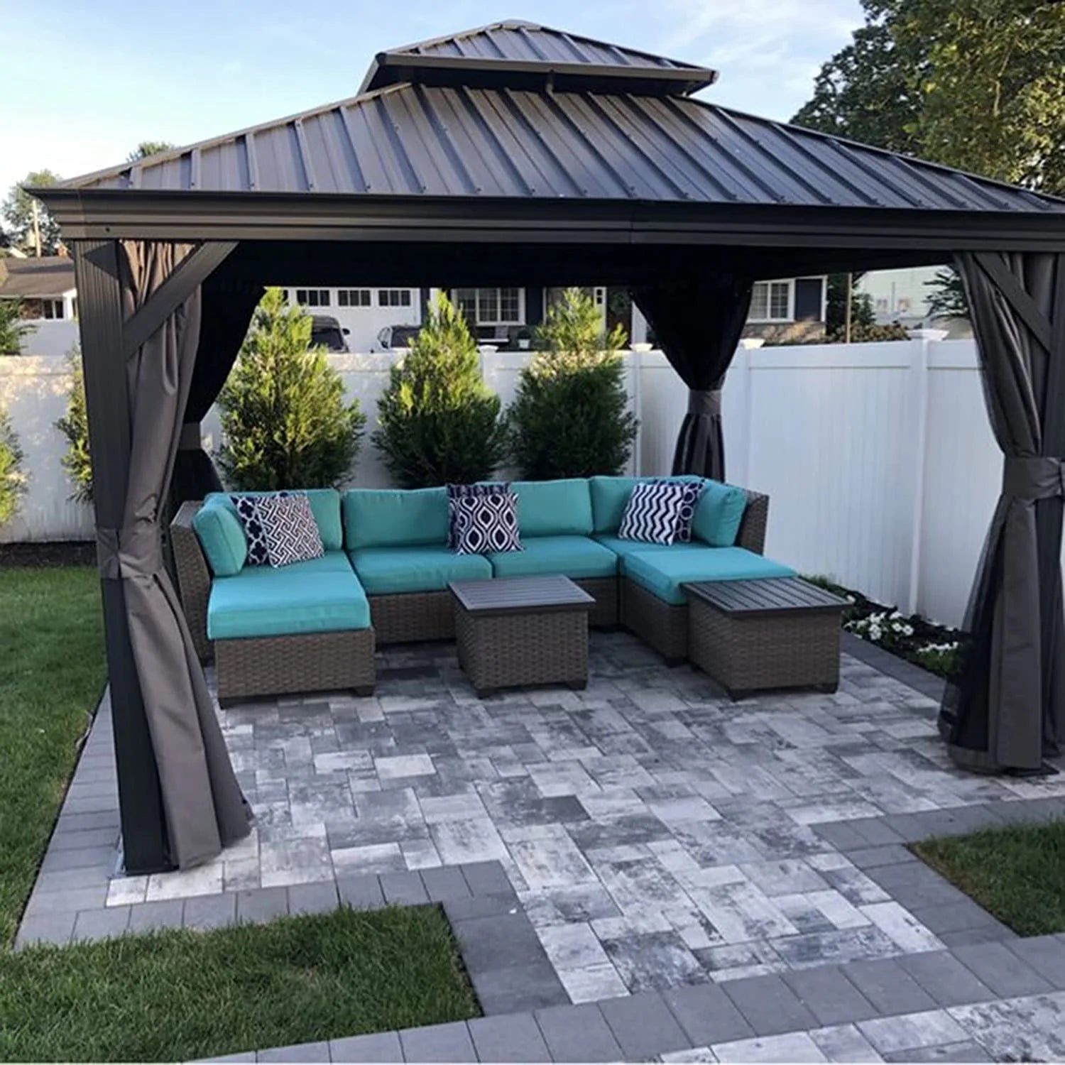 PURPLE LEAF Tuinpaviljoen Voor Achtertuin Grijs Hardtop Gegalvaniseerd Stalen Dak Luifel met Upgrade Gordijn