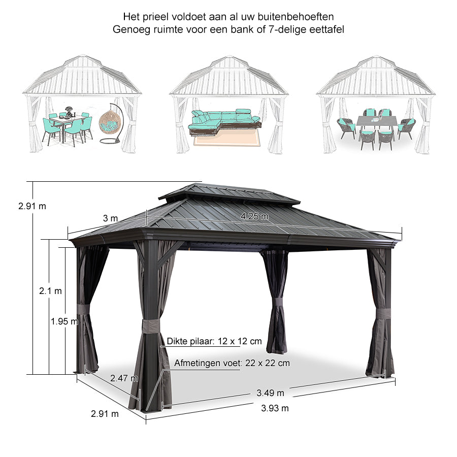 PURPLE LEAF Tuinpaviljoen Voor Achtertuin Grijs Hardtop Gegalvaniseerd Stalen Dak Luifel met Upgrade Gordijn