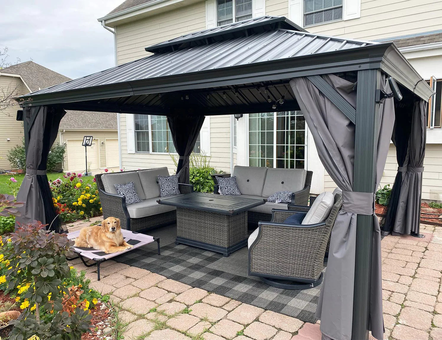 PURPLE LEAF Tuinpaviljoen Voor Achtertuin Grijs Hardtop Gegalvaniseerd Stalen Dak Luifel met Upgrade Gordijn