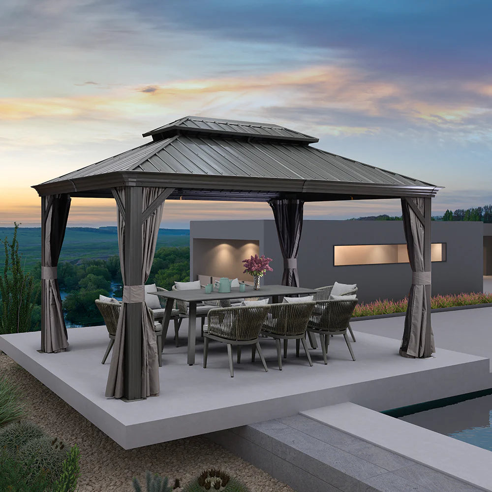 PURPLE LEAF Tuinpaviljoen Voor Achtertuin Grijs Hardtop Gegalvaniseerd Stalen Dak Luifel met Upgrade Gordijn