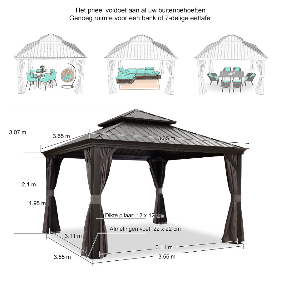 PURPLE LEAF Tuinpaviljoen Voor Achtertuin Grijs Hardtop Gegalvaniseerd Stalen Dak Luifel met Upgrade Gordijn