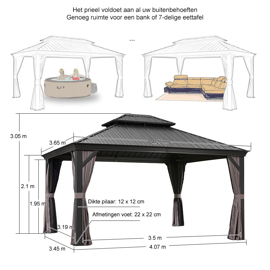 PURPLE LEAF Tuinpaviljoen Voor Achtertuin Grijs Hardtop Gegalvaniseerd Stalen Dak Luifel met Upgrade Gordijn
