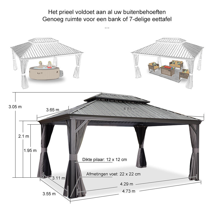 PURPLE LEAF Tuinpaviljoen Voor Achtertuin Grijs Hardtop Gegalvaniseerd Stalen Dak Luifel met Upgrade Gordijn