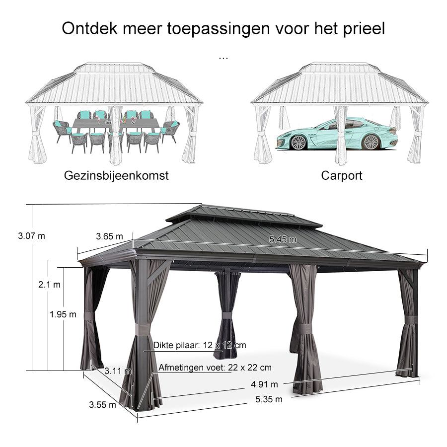 PURPLE LEAF Tuinpaviljoen Voor Achtertuin Grijs Hardtop Gegalvaniseerd Stalen Dak Luifel met Upgrade Gordijn