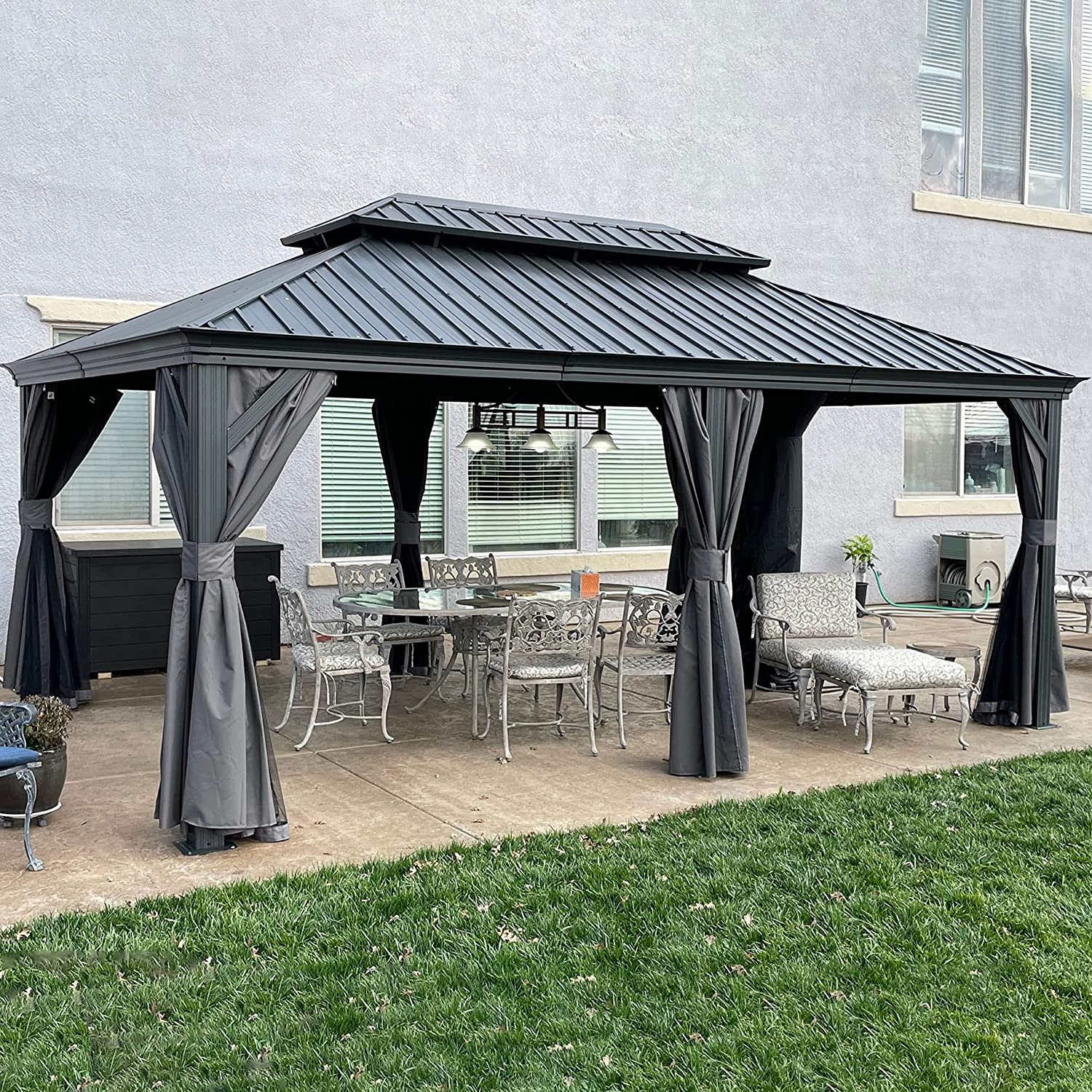 PURPLE LEAF Tuinpaviljoen Voor Achtertuin Grijs Hardtop Gegalvaniseerd Stalen Dak Luifel met Upgrade Gordijn