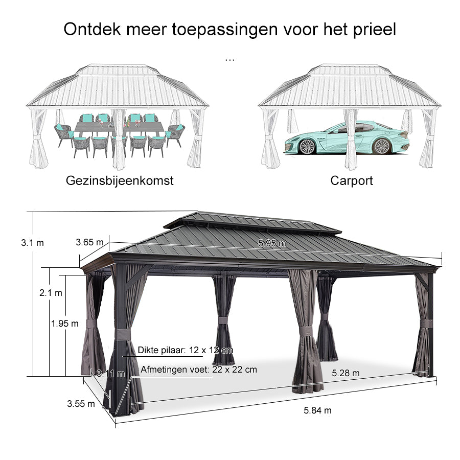 PURPLE LEAF Tuinpaviljoen Voor Achtertuin Grijs Hardtop Gegalvaniseerd Stalen Dak Luifel met Upgrade Gordijn