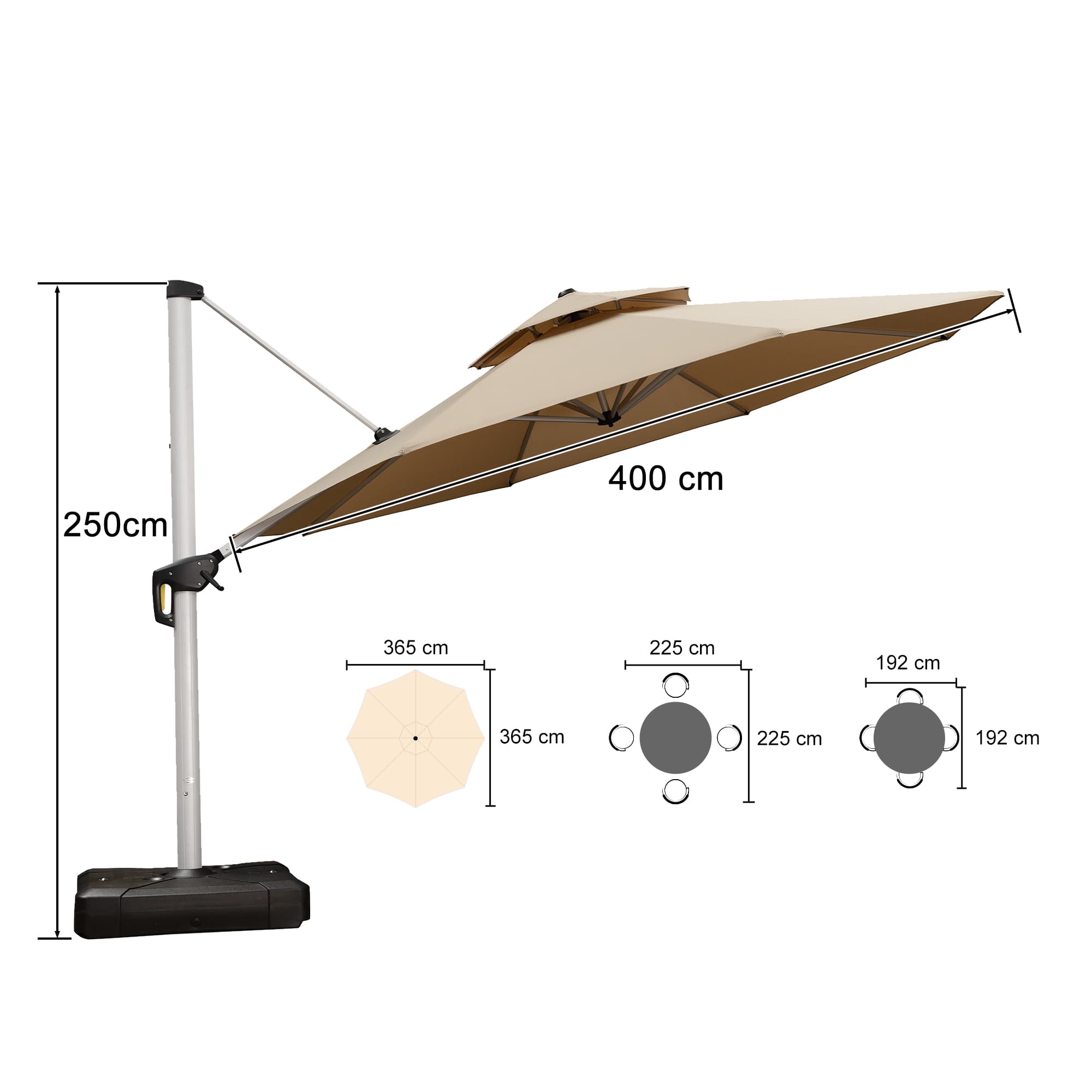 PURPLE LEAF Zweefparasol met dubbel dak, 360° draaibaar, ronde tuinparasol voor terras en tuin, 300 / 330 / 365 / 400 cm