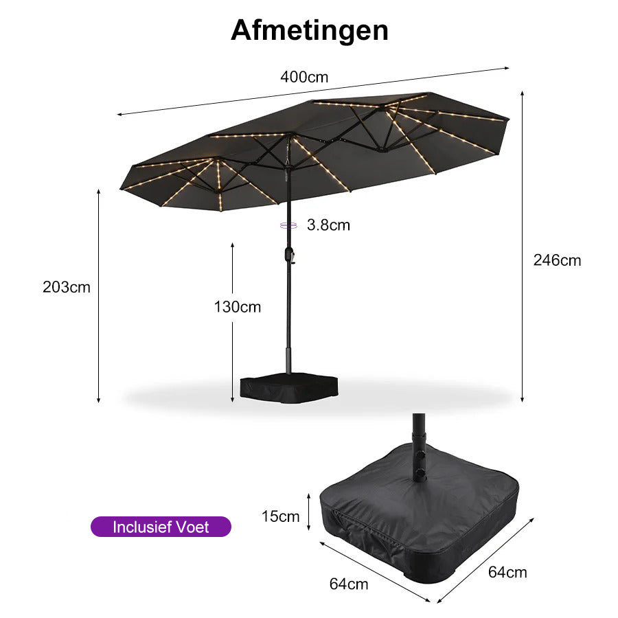 PURPLE LEAF Grote Parasol met 3 Kappen en LED-verlichting voor Tuin en Terras, inclusief Voet