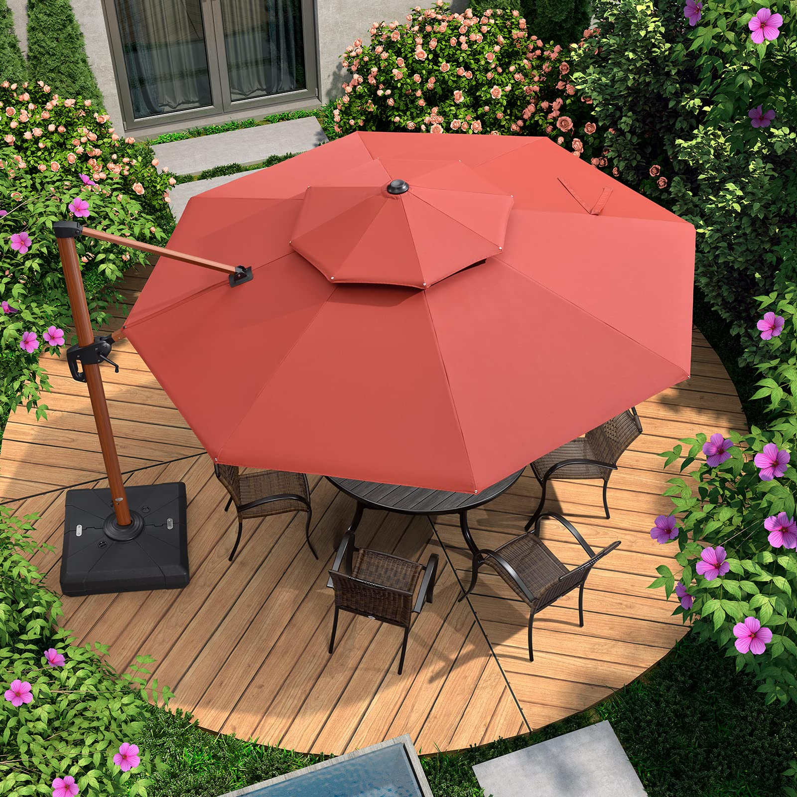 PURPLE LEAF Dubbele Top 330cm/365cm Ronde Aluminium Terrasparasol In Houtkleur