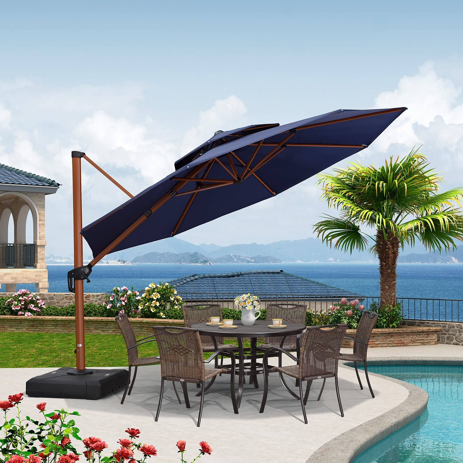 PURPLE LEAF Dubbele Top 330cm/365cm Ronde Aluminium Terrasparasol In Houtkleur