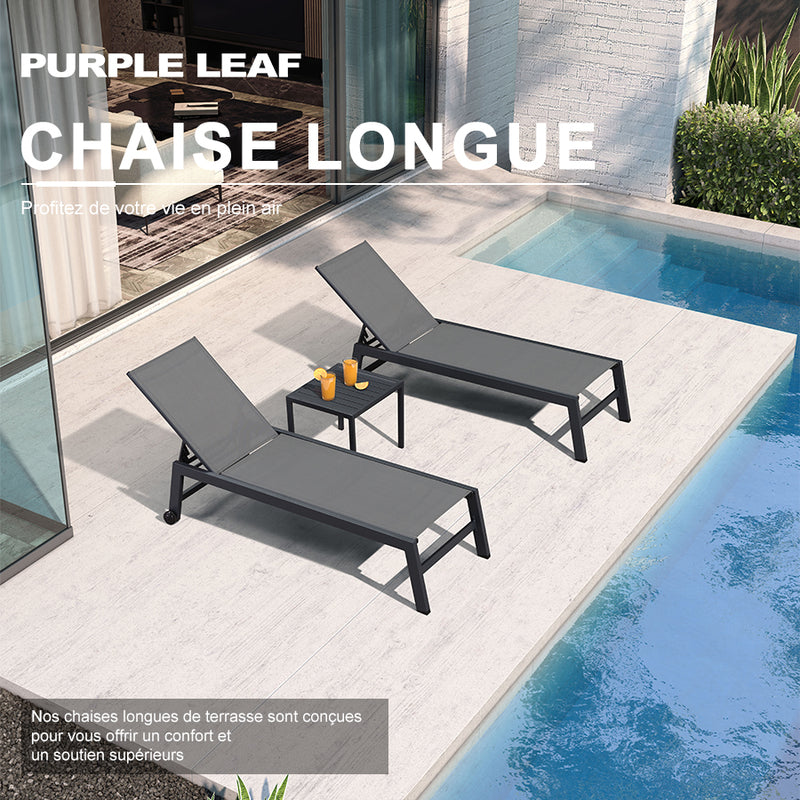 PURPLE LEAF Set Van 3 Tuinligstoelen Aluminium Textiel, Opvouwbare Ligstoel met Wielen, Tuinligstoel Weerbestendig, Terrasligstoelen Oprolbaar Ligbed Verstelbaar Tot 150 kg, Grijs