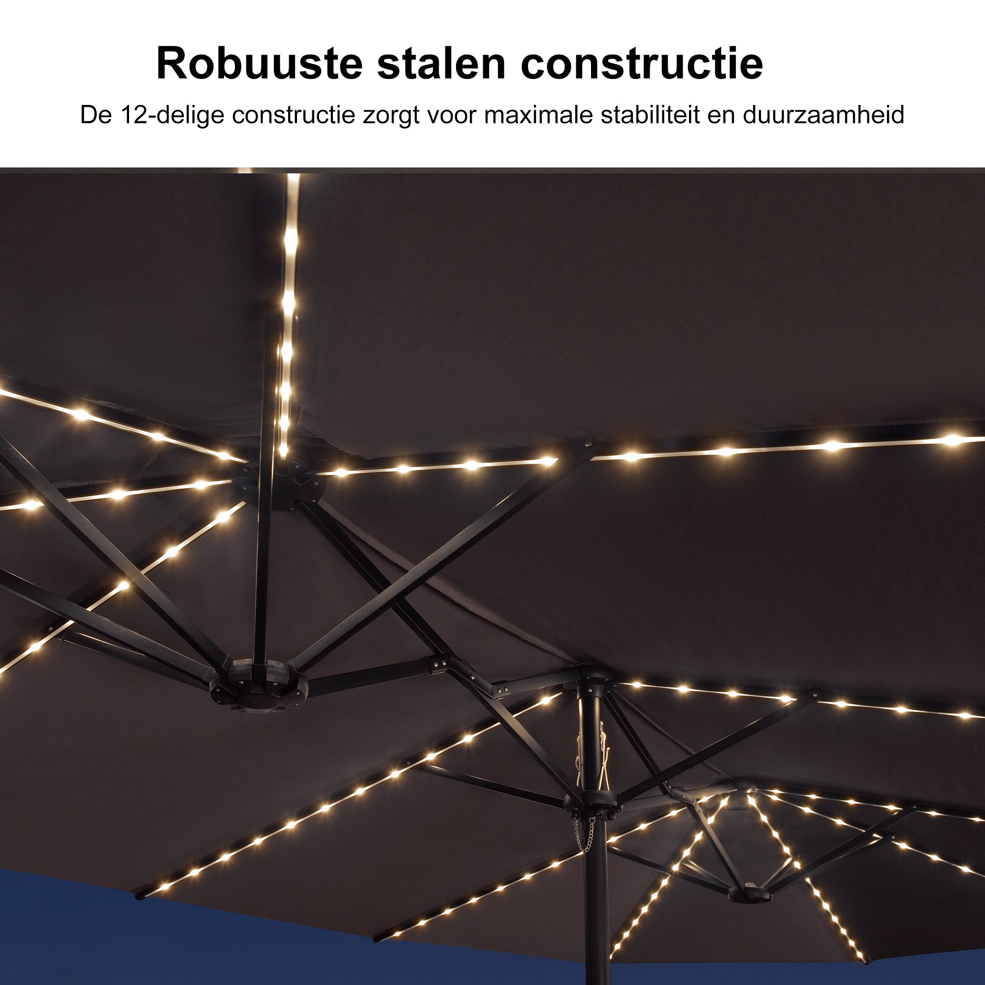 PURPLE LEAF Grote Parasol met 3 Kappen en LED-verlichting voor Tuin en Terras, inclusief Voet