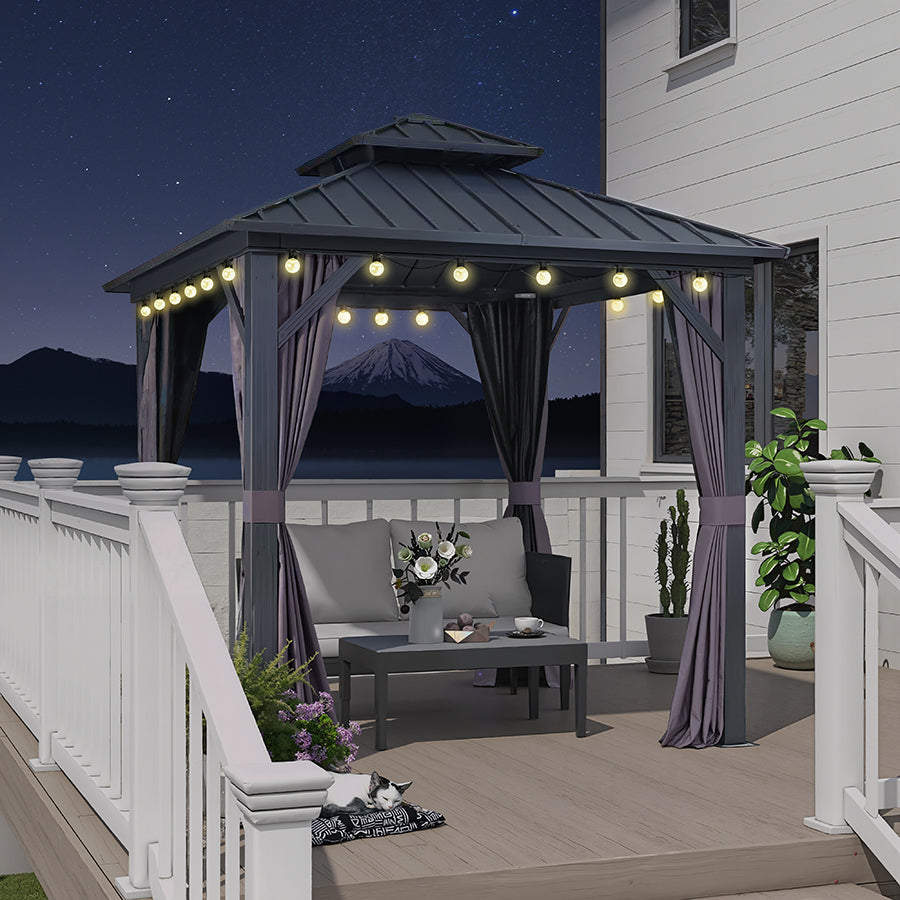 PURPLE LEAF Hardtop Tuinpaviljoen Essential met Warmwitte Verlichting, Gegalvaniseerd Stalen Dak, Aluminium Frame, Gordijnen en Klamboe – Grijs