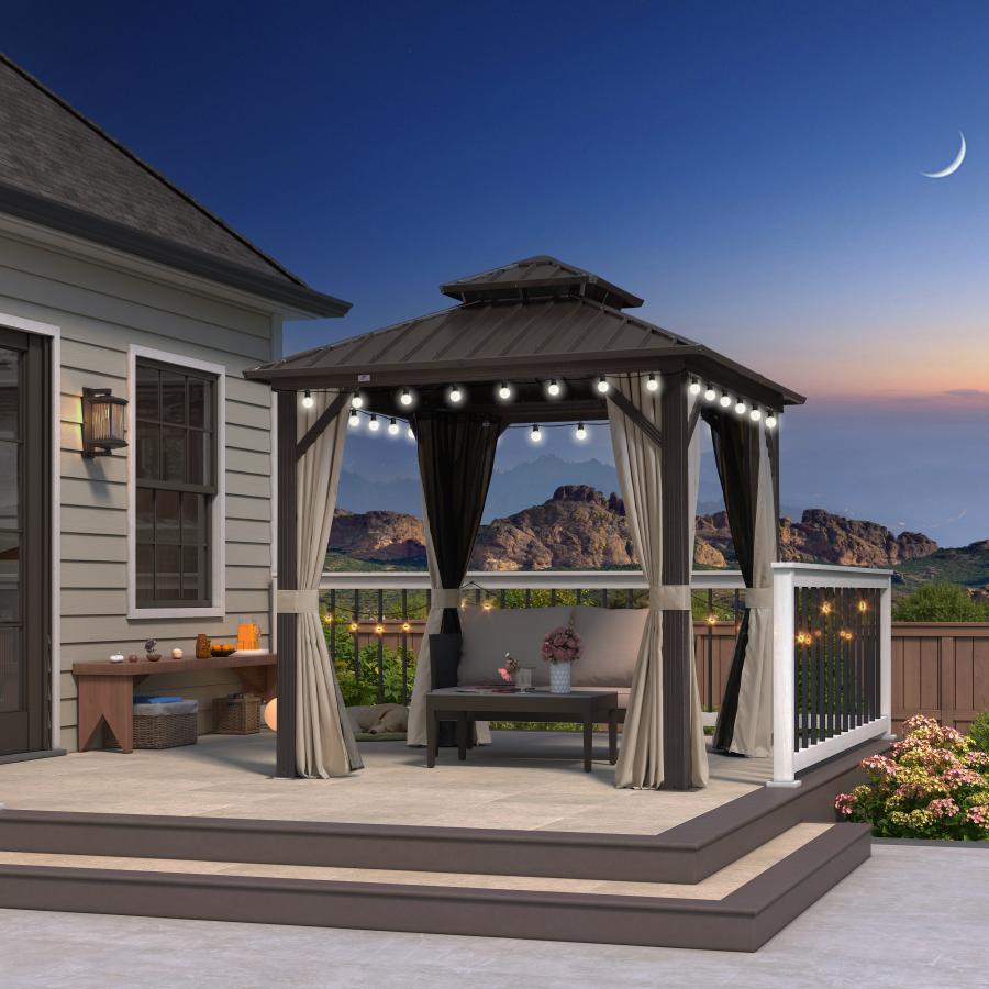 PURPLE LEAF Hardtop Tuinpaviljoen Essential met Neutraal witte LED-verlichting , Gegalvaniseerd Stalen Dak, Aluminium Frame, Gordijnen en Klamboe – Brons