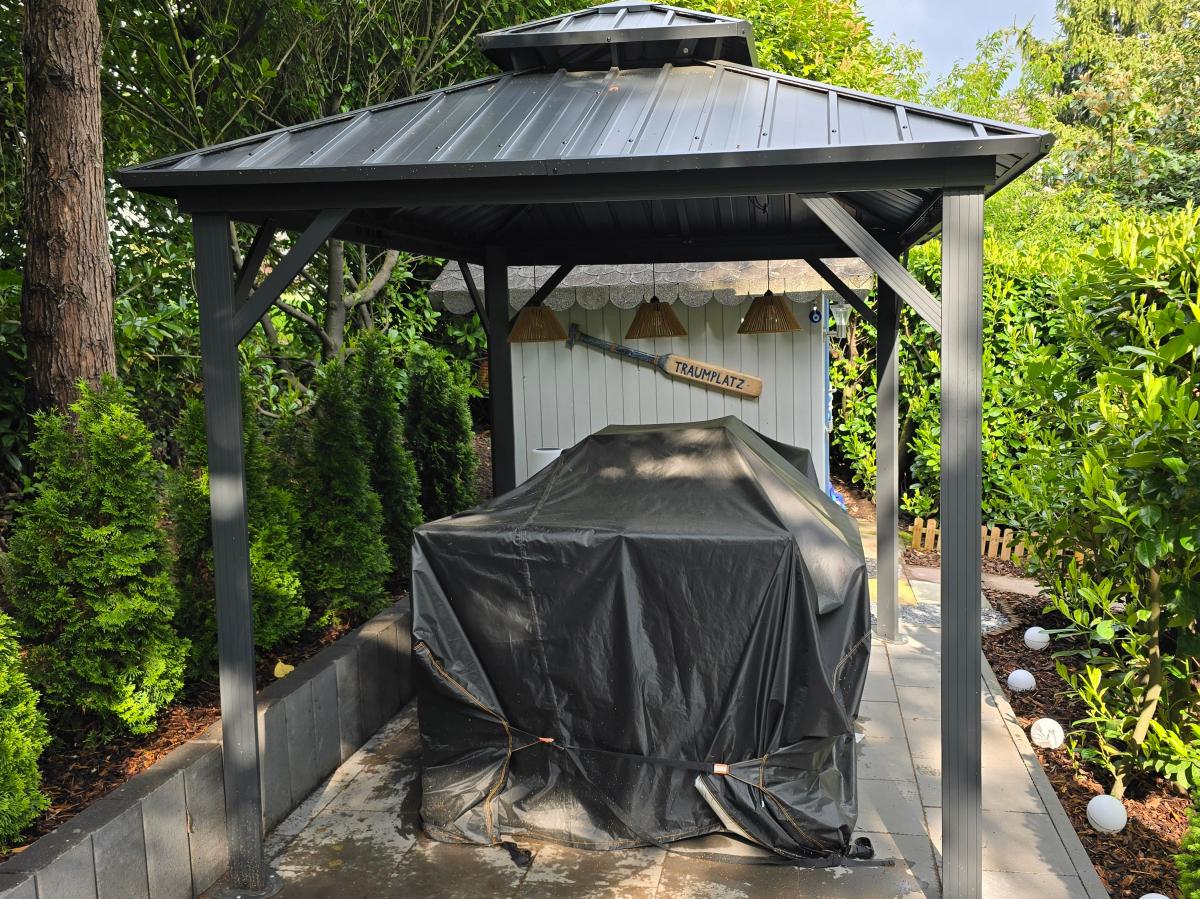 PURPLE LEAF Hardtop Tuinpaviljoen Essential met Warmwitte Verlichting, Gegalvaniseerd Stalen Dak, Aluminium Frame, Gordijnen en Klamboe – Grijs