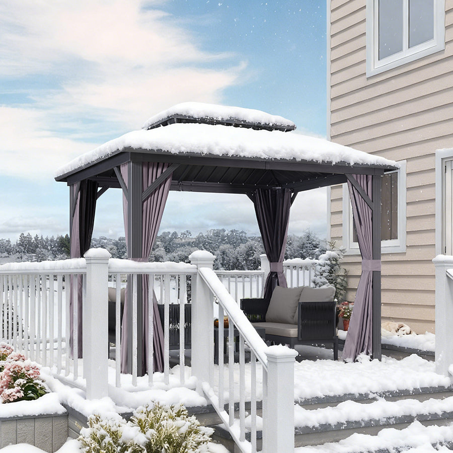 PURPLE LEAF Hardtop Prieel Basismodel Gegalvaniseerd Stalen Dak Aluminium Frame met Gordijn en Klamboe – Grijs