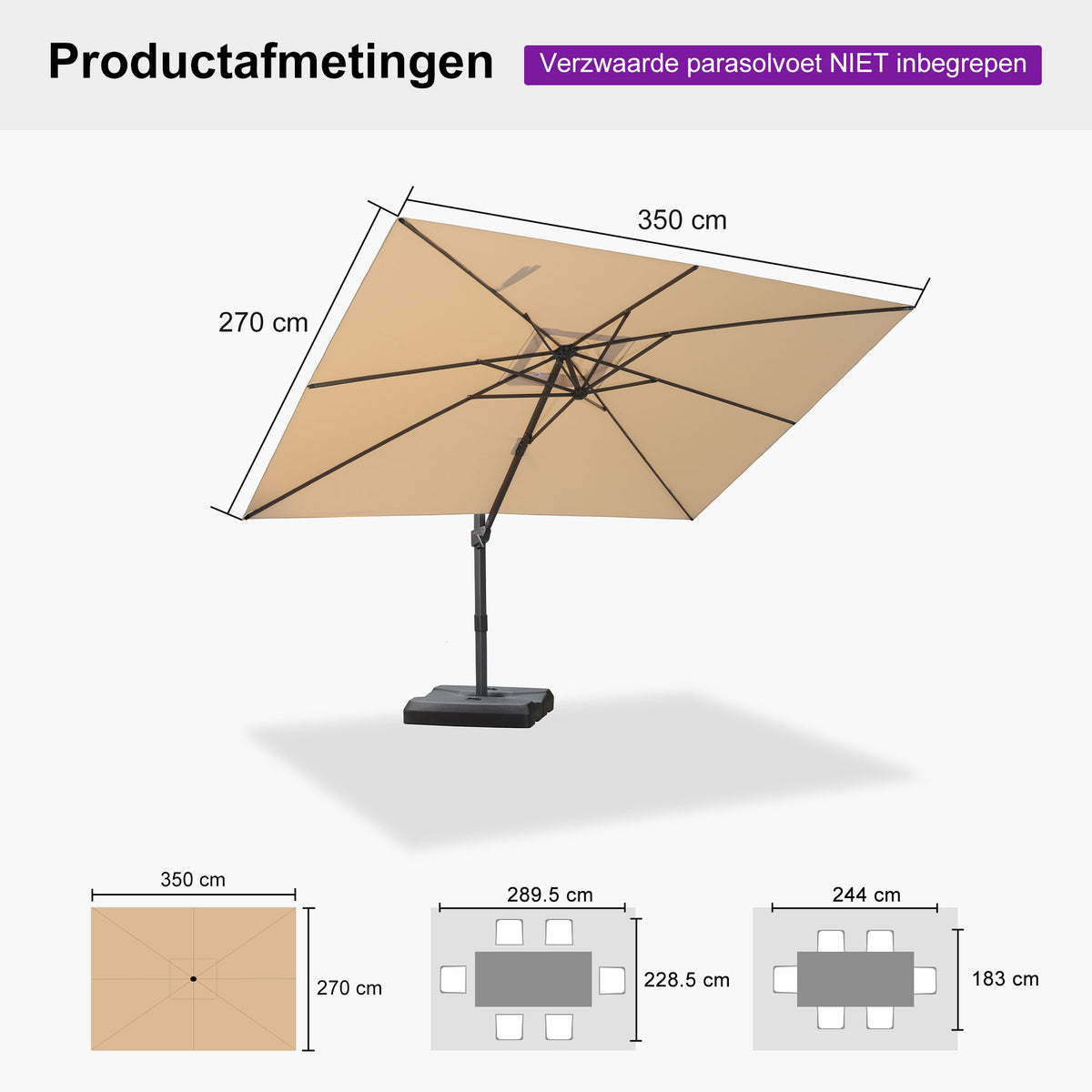PURPLE LEAF Betaalbare Grote Parasol – Traploos Kantelbare Zweefparasol voor Tuin & Terras