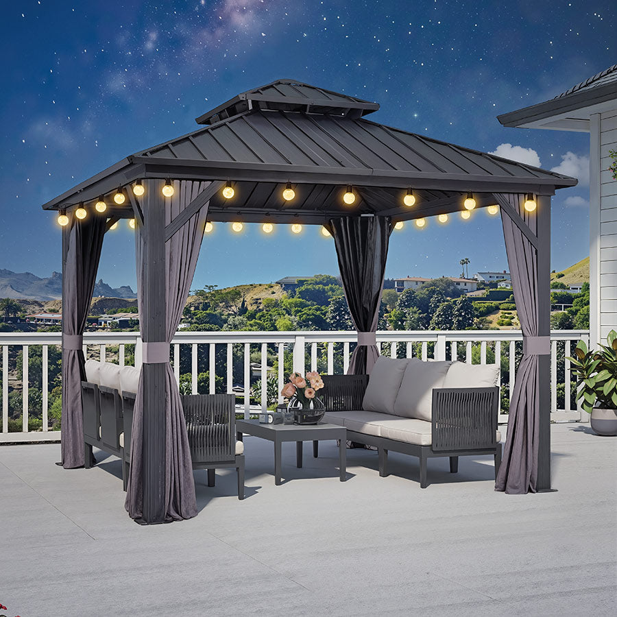 PURPLE LEAF Hardtop Tuinpaviljoen Essential met Warmwitte Verlichting, Gegalvaniseerd Stalen Dak, Aluminium Frame, Gordijnen en Klamboe – Grijs