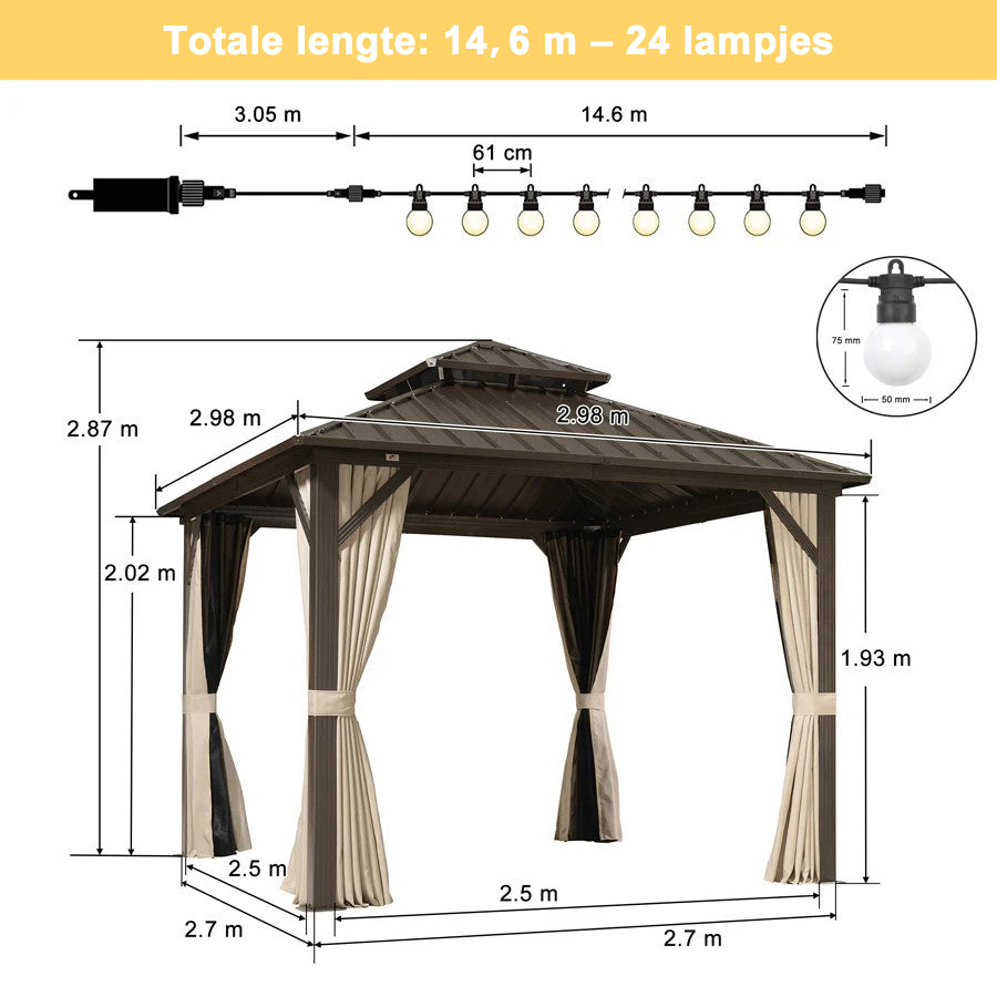 PURPLE LEAF Hardtop Tuinpaviljoen Essential met Neutraal witte LED-verlichting , Gegalvaniseerd Stalen Dak, Aluminium Frame, Gordijnen en Klamboe – Brons