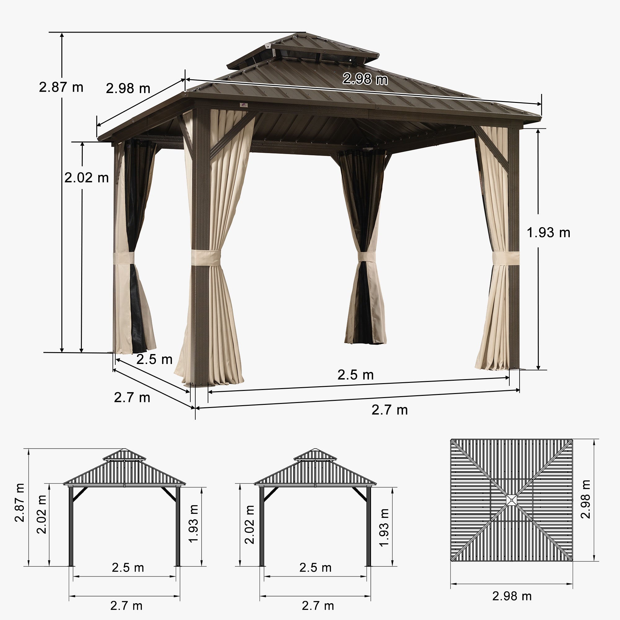PURPLE LEAF Hardtop Tuinpaviljoen Essential Gegalvaniseerd Stalen Dak Aluminium Frame met Gordijn en Klamboe -Brons