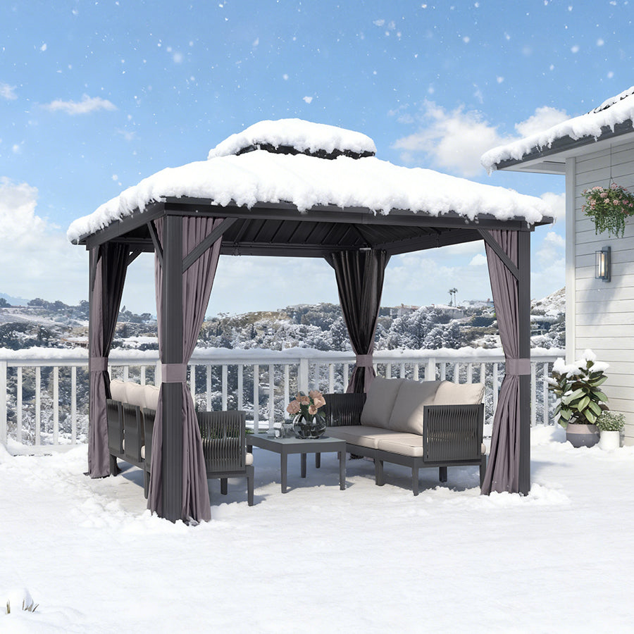 PURPLE LEAF Hardtop Prieel Basismodel Gegalvaniseerd Stalen Dak Aluminium Frame met Gordijn en Klamboe – Grijs