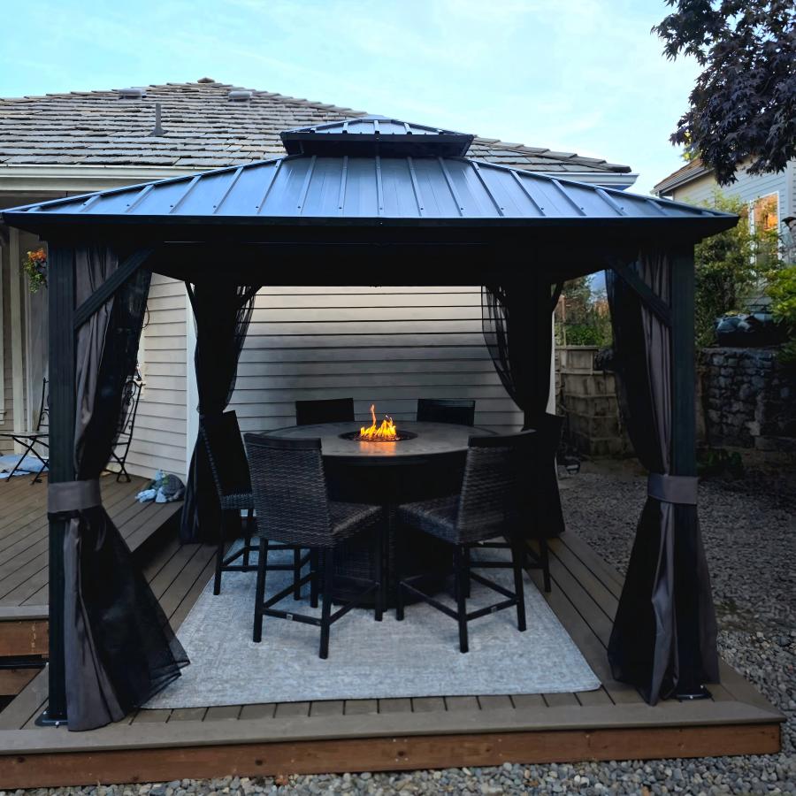 PURPLE LEAF Hardtop Tuinpaviljoen Essential met Warmwitte Verlichting, Gegalvaniseerd Stalen Dak, Aluminium Frame, Gordijnen en Klamboe – Grijs