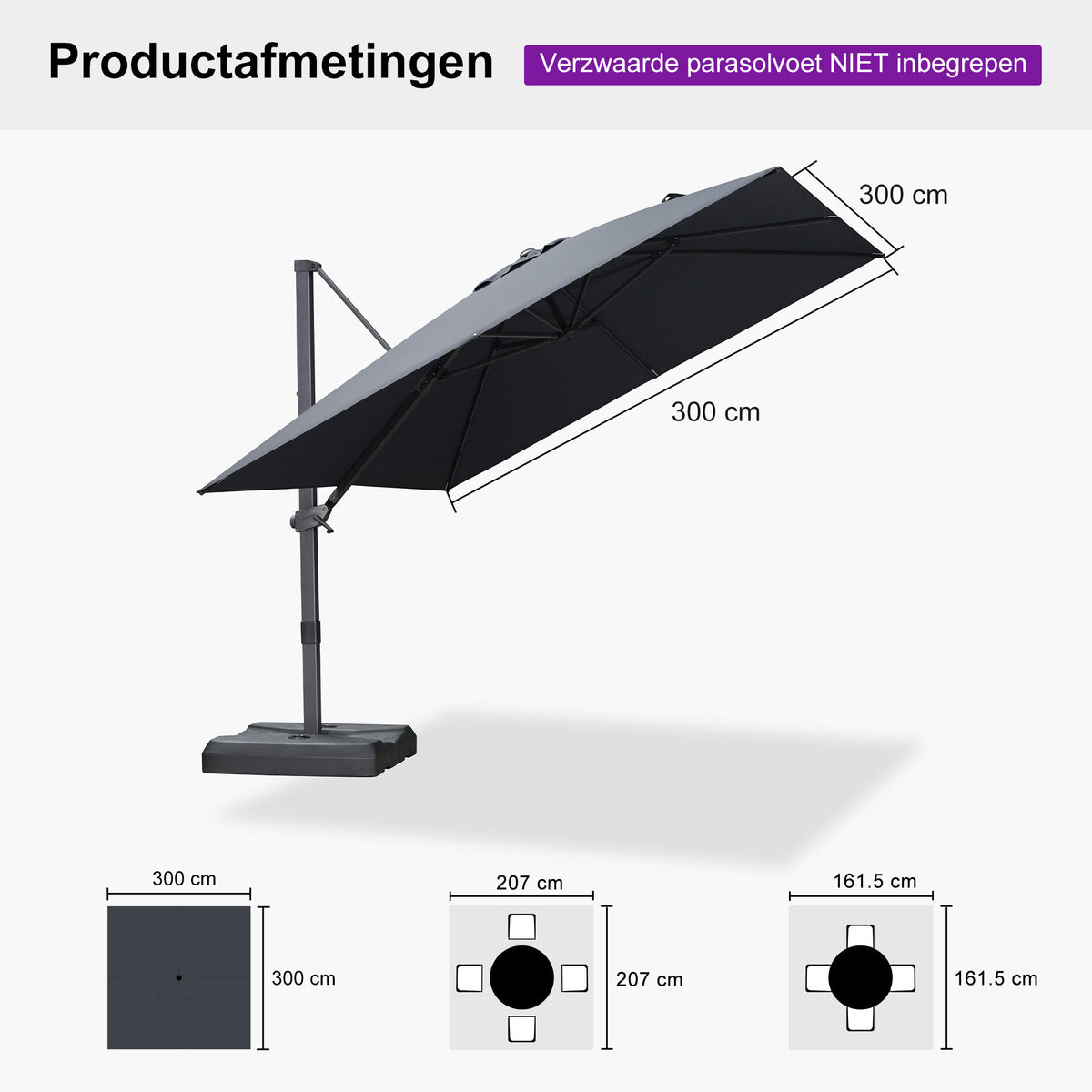 PURPLE LEAF Betaalbare Grote Parasol – Traploos Kantelbare Zweefparasol voor Tuin & Terras