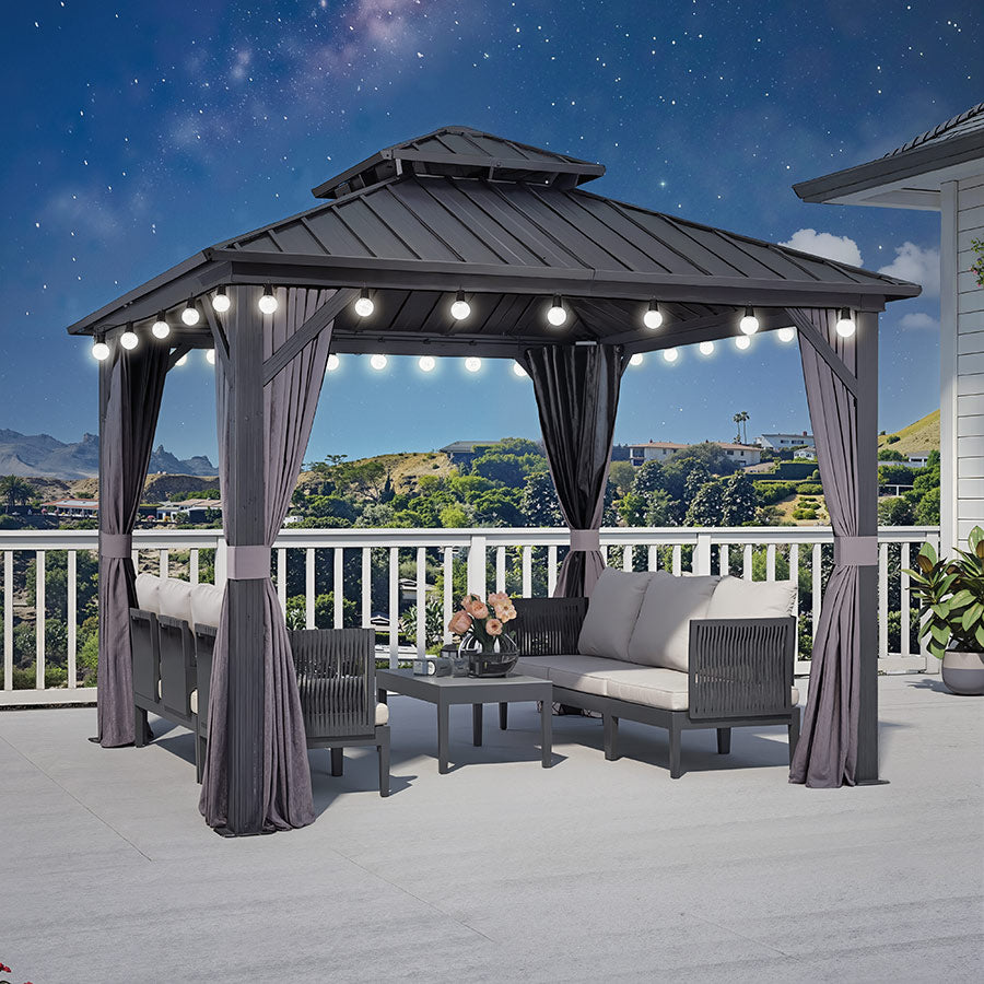 PURPLE LEAF Hardtop Tuinpaviljoen Essential met Neutraal Witte Verlichting, Gegalvaniseerd Stalen Dak, Aluminium Frame, Gordijnen en Klamboe – Grijs