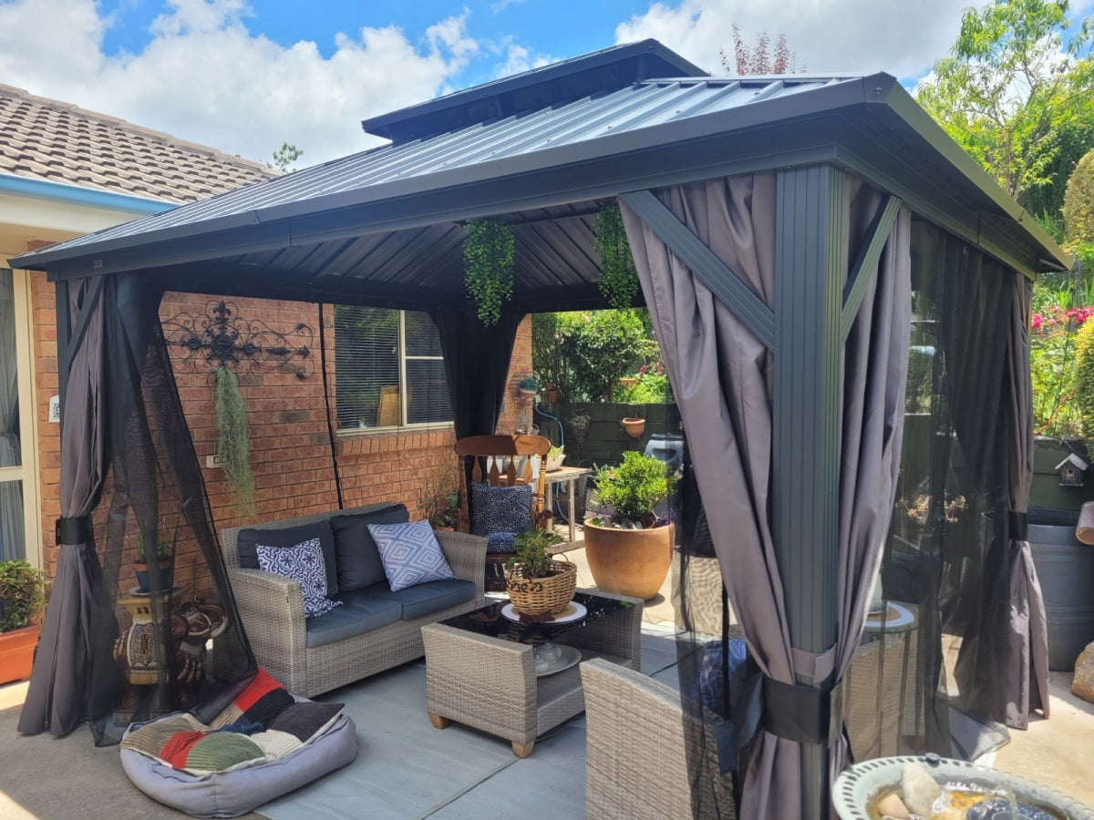 PURPLE LEAF Hardtop Tuinpaviljoen Essential met Neutraal Witte Verlichting, Gegalvaniseerd Stalen Dak, Aluminium Frame, Gordijnen en Klamboe – Grijs
