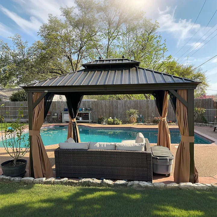 PURPLE LEAF Luxe Hardtop Paviljoen Bronzen Frame Dubbel Dak Tuin Warmwitte Verlichting