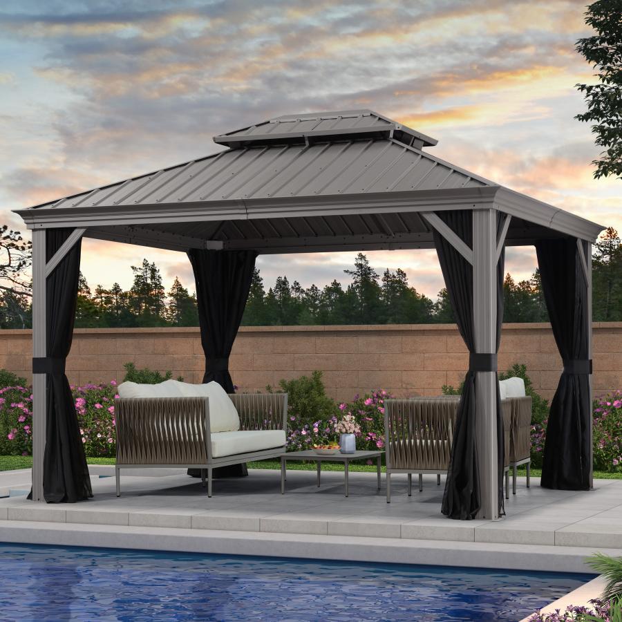 Purple Leaf Lichtgrijs Tuinpaviljoen met Dubbel Dak van Verzinkt Staal, Aluminium Frame, Insectenhor en Zijgordijnen