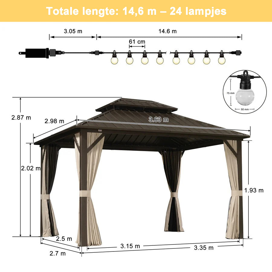 PURPLE LEAF Essential  Hardtop Tuinpaviljoen Bronzen Frame Dubbel Dak Tuin Warmwitte Verlichting