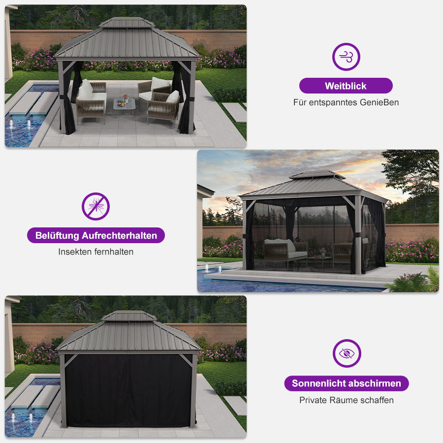 Purple Leaf Lichtgrijs Tuinpaviljoen met Dubbel Dak van Verzinkt Staal, Aluminium Frame, Insectenhor en Zijgordijnen