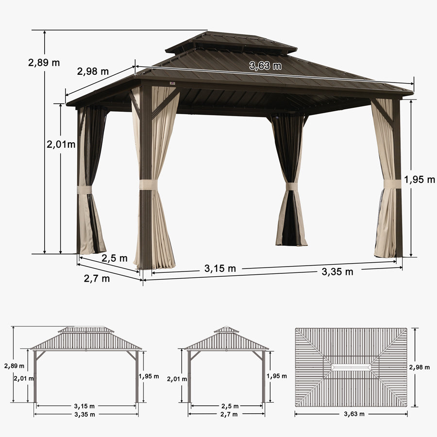 PURPLE LEAF Hardtop Tuinpaviljoen Essential Gegalvaniseerd Stalen Dak Aluminium Frame met Gordijn en Klamboe -Brons