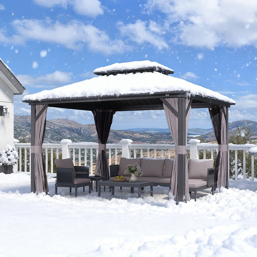 PURPLE LEAF Hardtop Prieel Basismodel Gegalvaniseerd Stalen Dak Aluminium Frame met Gordijn en Klamboe – Grijs