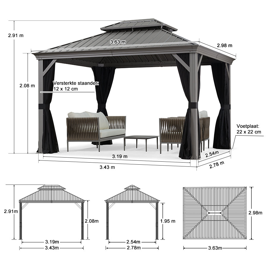 Purple Leaf Lichtgrijs Tuinpaviljoen met Dubbel Dak van Verzinkt Staal, Aluminium Frame, Insectenhor en Zijgordijnen