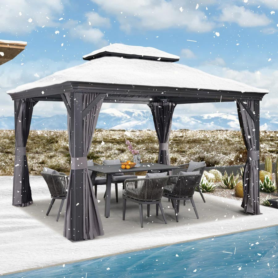 PURPLE LEAF Tuinpaviljoen Voor Achtertuin Grijs Hardtop Gegalvaniseerd Stalen Dak Luifel met Upgrade Gordijn